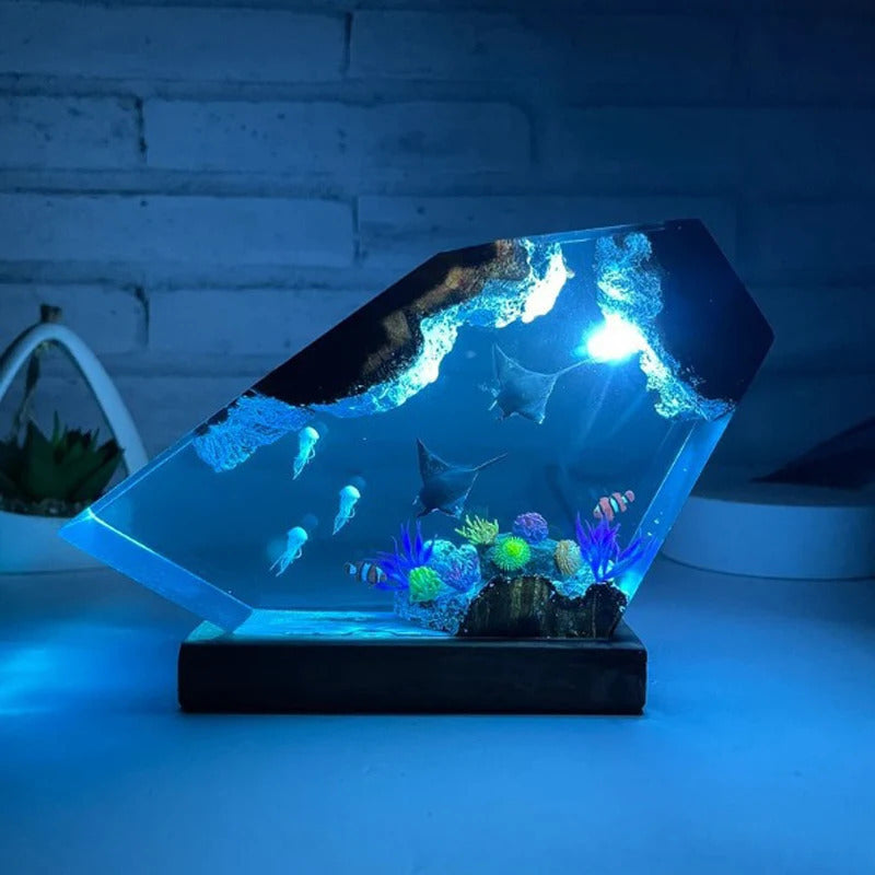Handmade Devil Fish and Jellyfish Resin Lamp glowing in dark – undersea night light for ocean lovers