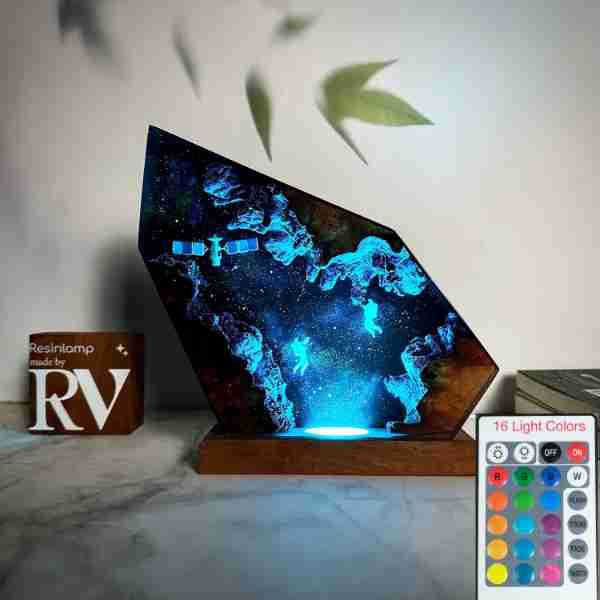 Astronaut resin wood art lamp interstellar resin night light universe galaxy night light gift for friends