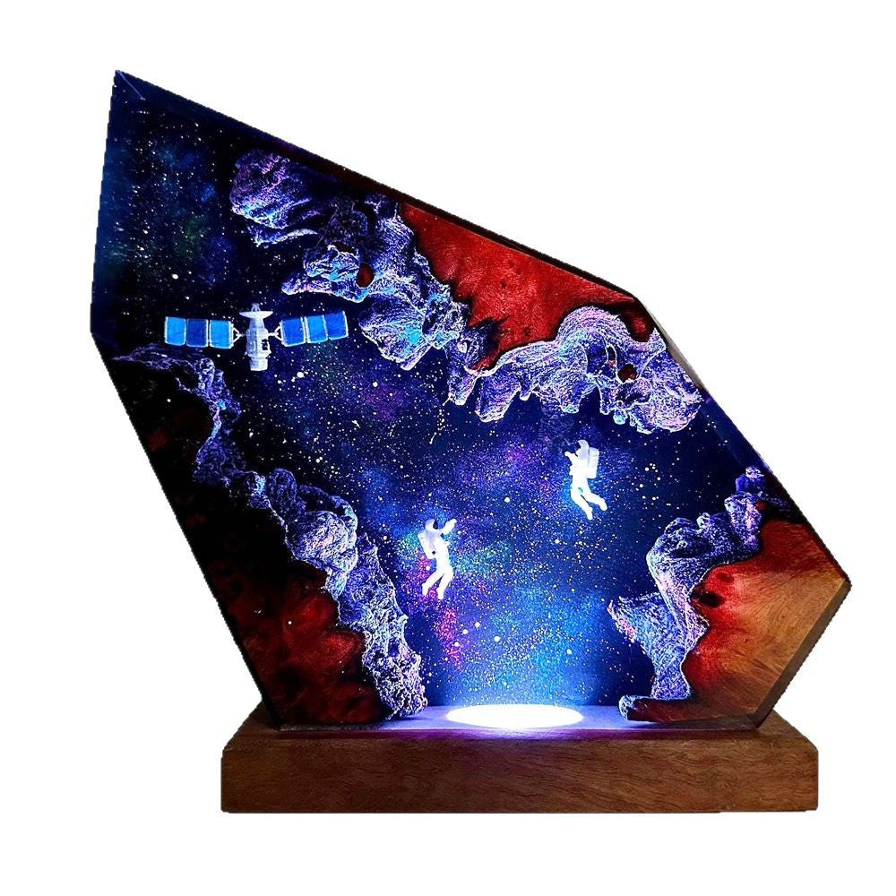 Astronaut Satellite Resin Night Light | Handmade Space Lamp with Wooden Base, Cosmic Star Lamp Christmas Gift